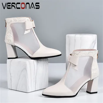 

VERCONAS Woman Sandals Ankle Boots Woman Pumps New Arrival Genuine Leather ButterflyKnot Zip Pointed Toe Square Heel Shoes Woman