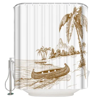 

Island Boat Coconut Tree Desolate Unmanned Solid Color Art Bathroom Decoration Polyester Fabric Waterproof Shower Curtain
