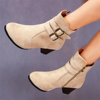 

2019 autumn new fashion simple solid color high heel boots women fashion simple suede comfortable casual high heels