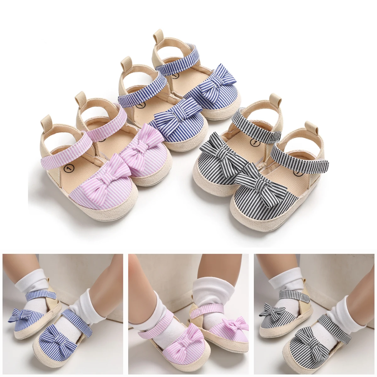 Детская летняя обувь для новорожденных девочек и мальчиков, мягкая обувь для младенцев, противоскользящие кроссовки в полоску с бантом для детей 0-18 месяцев