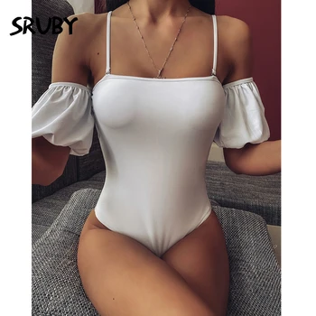 

SRUBY White Strappy Bodysuit Sexy Spaghetti Straps Bodysuit Romper Femme Sexy Sleeveless Tank Top Gloved Bodysuit Body Female