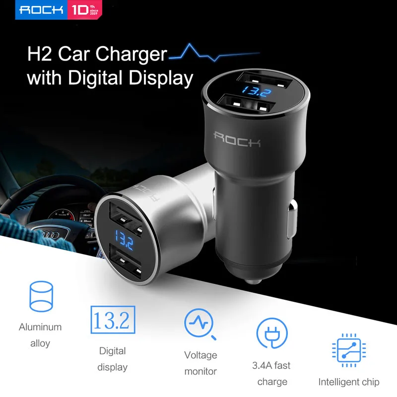 Rock 5V 3.4A двойной USB светодиодный цифровой дисплей автомобильное зарядное