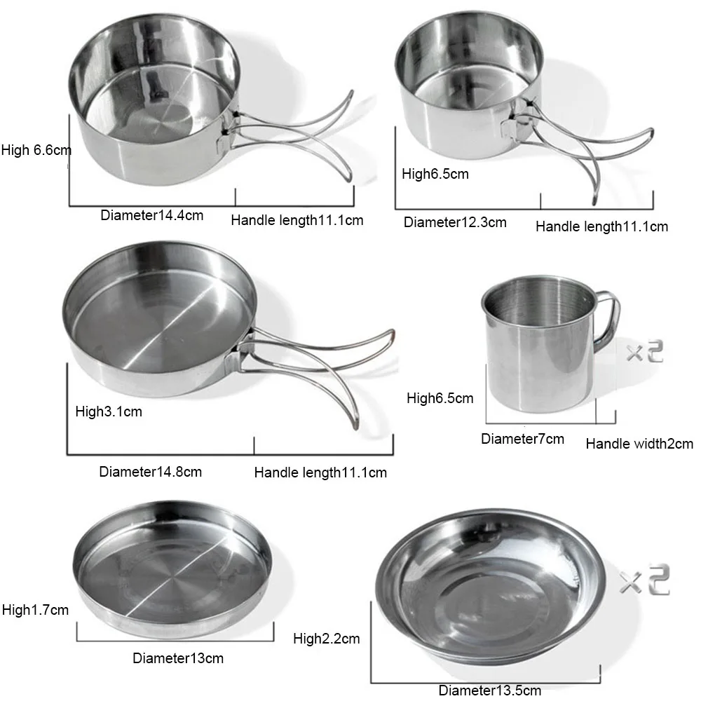 8Pcs/set Ultra-light Stainless Steel Outdoor Picnic Pot Pan Kit Outdoor Camping Hiking Mini Cookware Bowl Cup Cover Cooking Set - Image 3