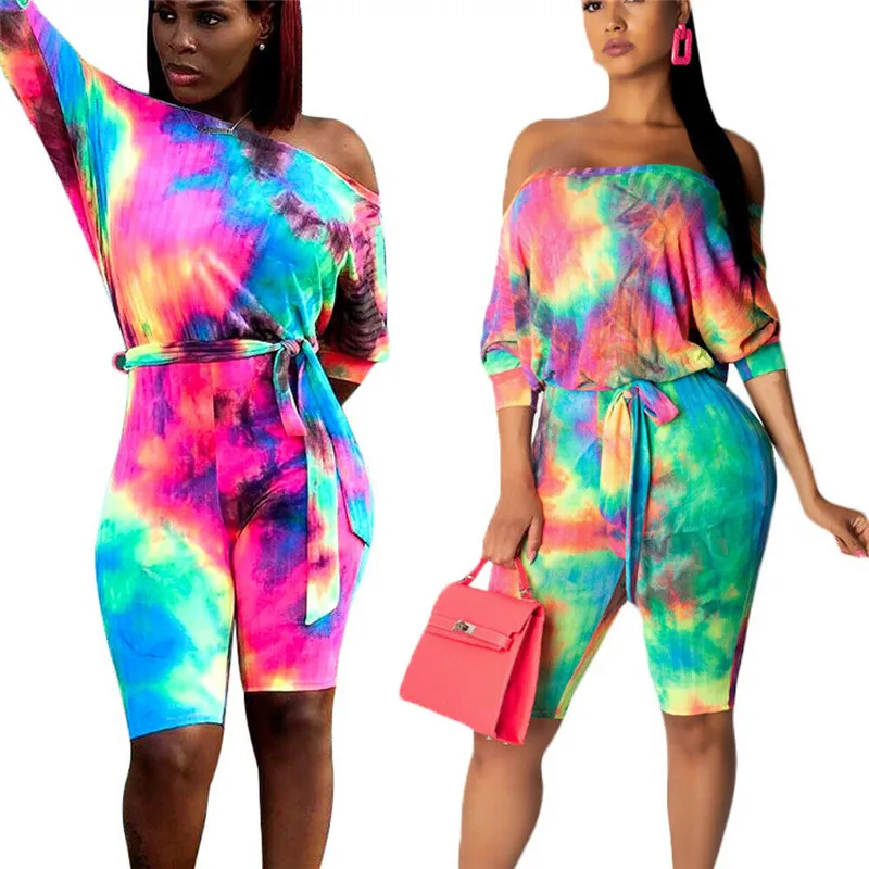 

Women Lady Multicolore Off Shoulder Slash Neck Bodycon Playsuit Rompers High Waist Lace-up Short Sleeve Jumpsuit Romper Clubwear