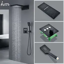 hm Black Button Touch Shower Set Hidden Embedded Wall Type Thermostatic Control Flying Rain Shower System model hm 7420 hm 7421 touch pad touch pad
