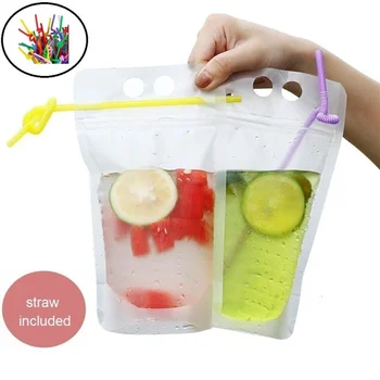 

50PCS Disposable 500ml Juice Drink Bag Vertical Zipper Seal Bag With Straw Flask Drink Wine Pouch Bag Disposable Party Tableware