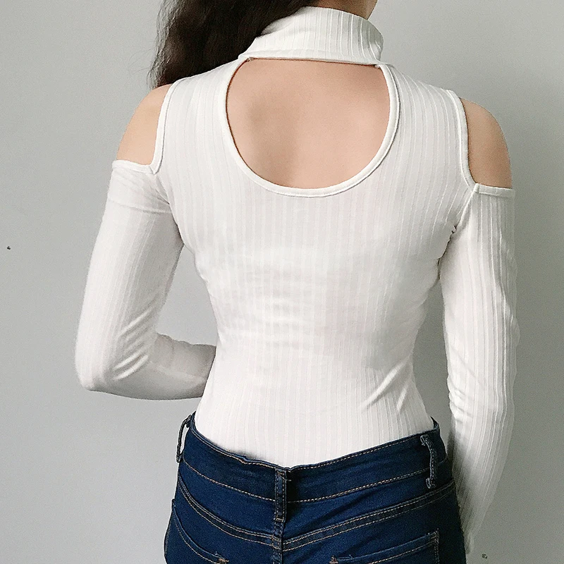 Сексуальное открытое облегающее боди для женщин с открытыми плечами и длинным рукавом, Белый Трикотажный базовый комбинезон, боди для весны и осени, боди для женщин
