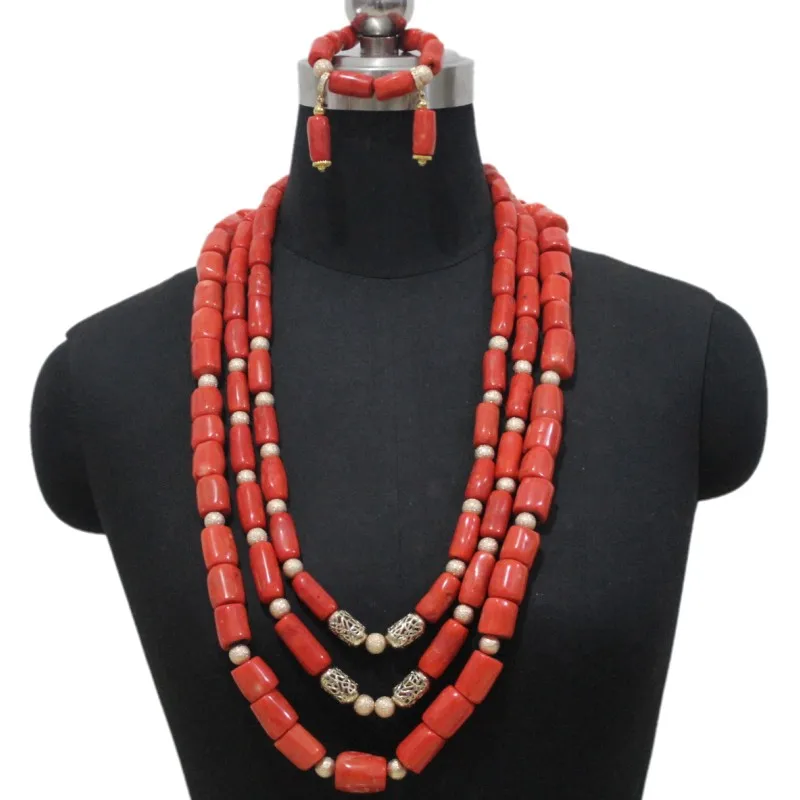 4 ujewelry, Африканский Свадебный ювелирный набор, 3 слоя, нигерийский женский свадебный ювелирный набор, натуральный коралловый бисер, ювелирный набор,, 3 штуки