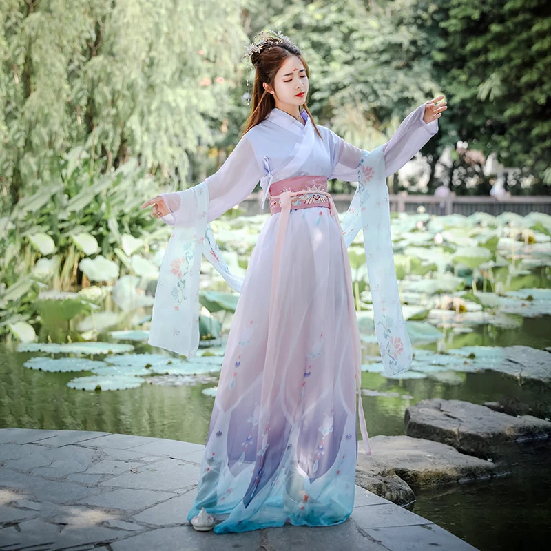 Китайский народный танцевальный костюм для женщин Hanfu, Женский традиционный Древний костюм Hanfu, костюм феи Тан, костюм для выступлений