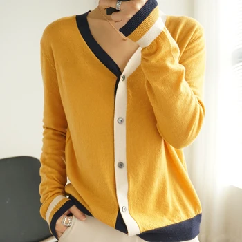 

Spring / Summer 2020 New Worsted 100% Pure Wool Cardigan Jacket Women Knitwear Sweater Contrast Color Long Sleeve V-neck Top