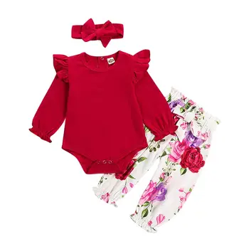

2019 New Infant Baby Girl 3PCS Long Sleeve Romper Floral Pants Headband Outfits
