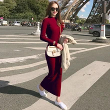 Invierno cálido elegante suéter vestido mujer otoño tejido delgado largo vestidos femeninos sólidos elásticos ceñidos vestido jerseys señoras(China)