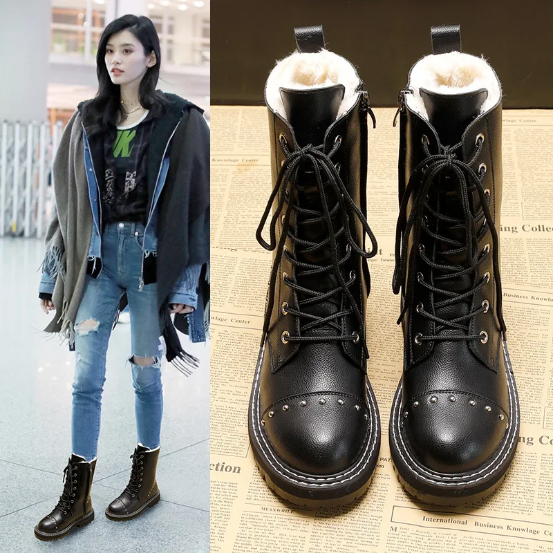 

Wartin Boot Woman 2020 Winter New Middle Calf Keep Warm Plush Rivet Shoes Korean Version of Versatile Skidproof Snow Boots