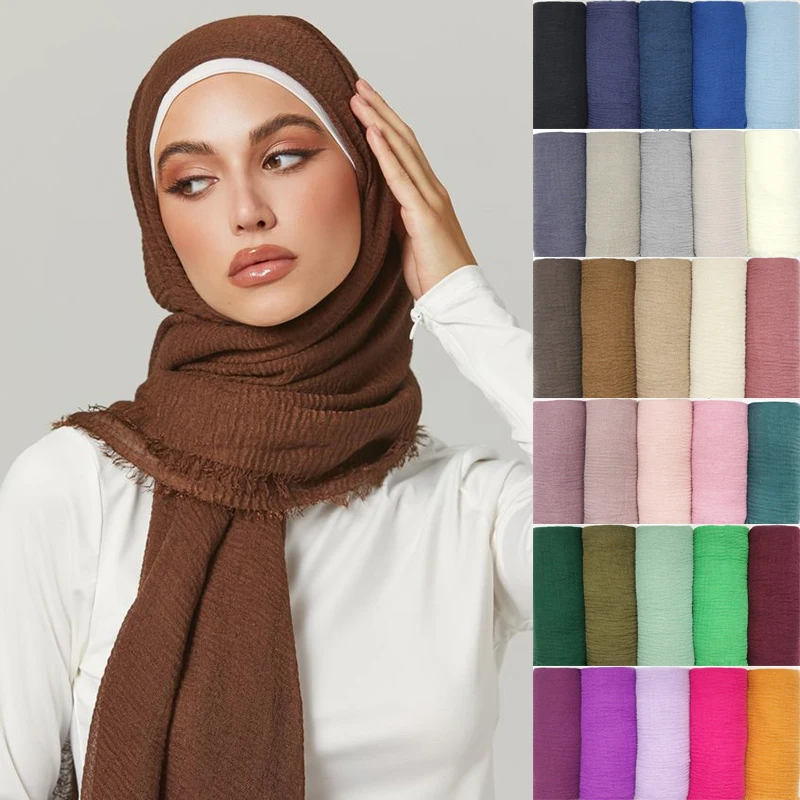 Pleated Plain Hijab Scarf Muslim Women Cotton Crinkle Headband Veil Scarves 2021 Fashion Islamic Headscarf Head Wraps Turban