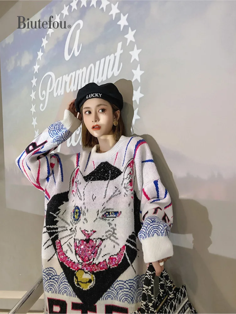

2020 Winter Women Long Cartoon Print Beading Thick Sweater