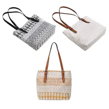 

Fashion Women Canvas Shoulder Bag Lady Casual Lace Surface PU Handle Handbag Female Travel Large Capacity Shopping Tote Purse