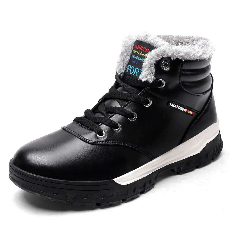 Large Size Winter Boots Plush Warm Men's Waterproof Snow Boots Cold Man Leather Cotton Shoes Retro Sneakers Outdoor Work Shoes - Цвет: PU leather  Black