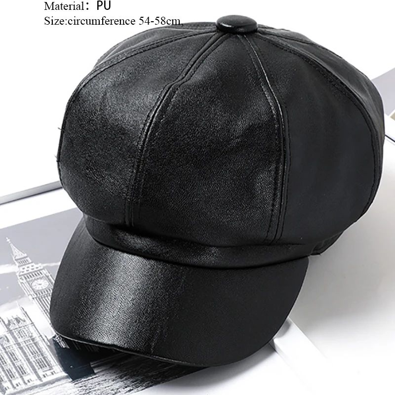 Cpop Black PU Leather Hats High Quality New Fashion Pure Colors Visors Hats Winter Simple Personality Elegant Women Winter Gifts