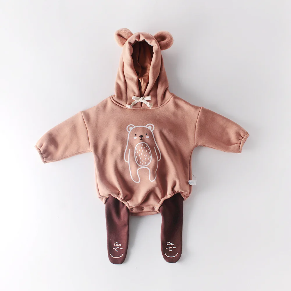 Koodykids/весенне-осенние боди для маленьких мальчиков с рисунком медведя; бархатные теплые комбинезоны с капюшоном для маленьких мальчиков; модные зимние комбинезоны для детей от 0 до 2 лет