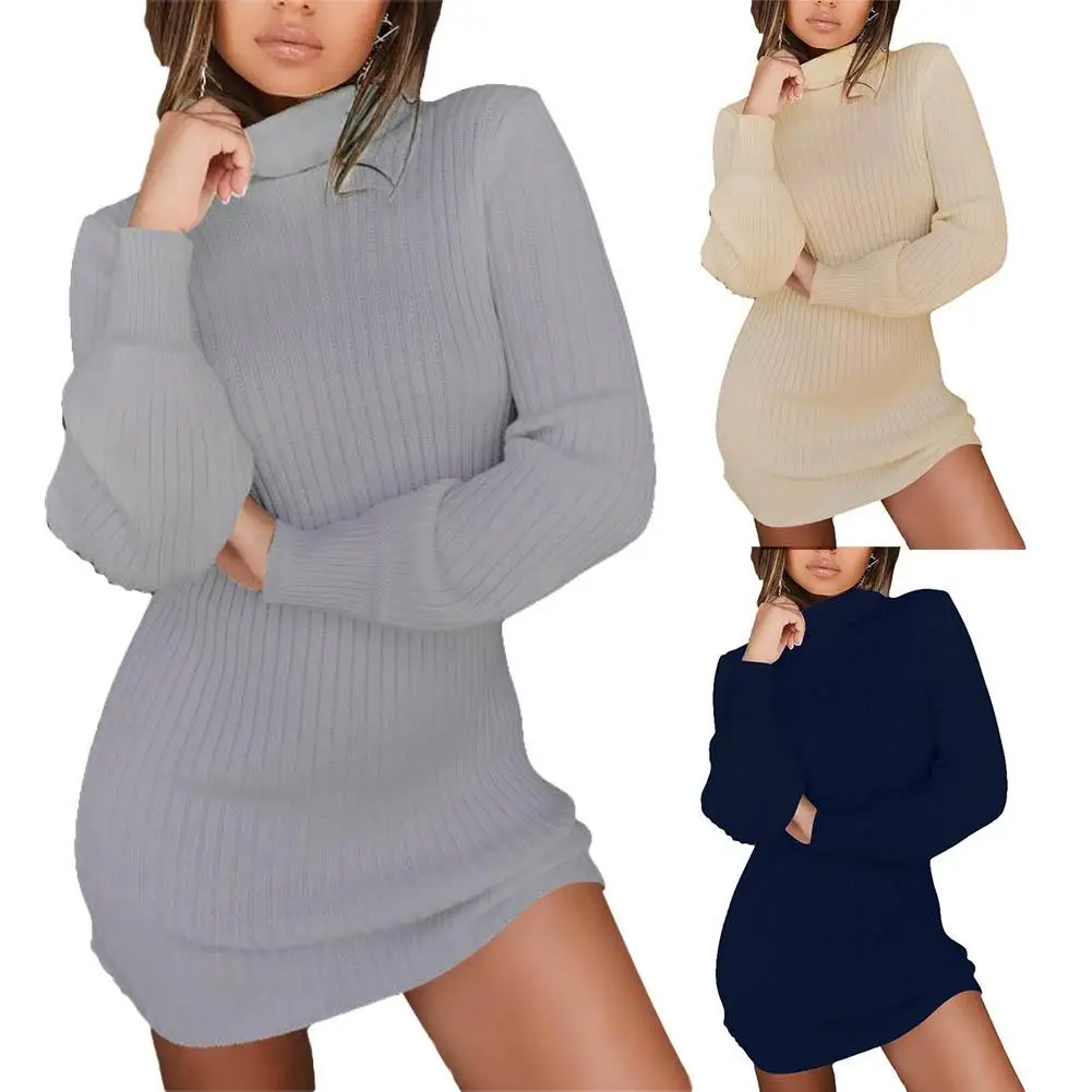 Fashion Women Autumn Solid Color Long Sleeve Turtle Neck Ribbed Sliming Mini Dress women party dresses | Женская одежда