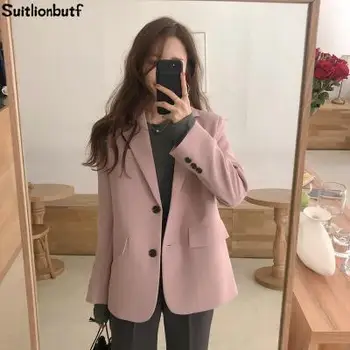 

Suitlionbutf Korean 2020 Autumn Blazer Feminino Notched Vintage Loose Vadim Long Women Blazer Elegant Soft England Style Coat