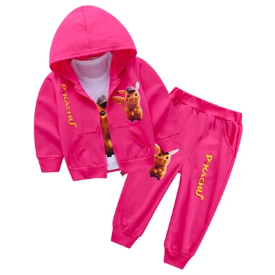 Комплекты одежды для детей осенние комплекты с Пикачу для мальчиков костюмы с пальто с капюшоном осеннее хлопковое пальто для маленьких мальчиков и девочек+ футболка+ штаны, комплект одежды из 3 предметов - Цвет: Photo Color