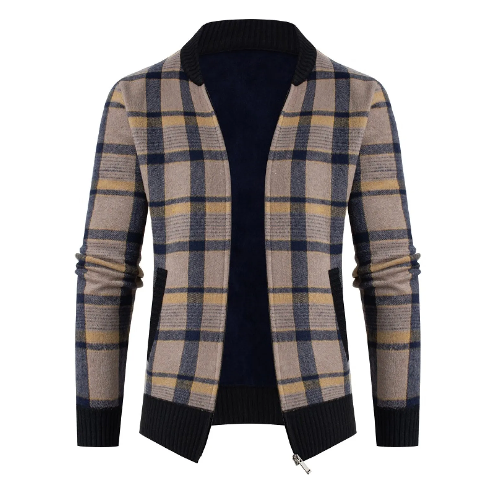 Men's Winter Sweater Coat Plaid Long Sleeved Plus Velvet Hoodless Zipper Sweater Thick Warm Knitwear Cardigan Jumpers Jacket #40 2