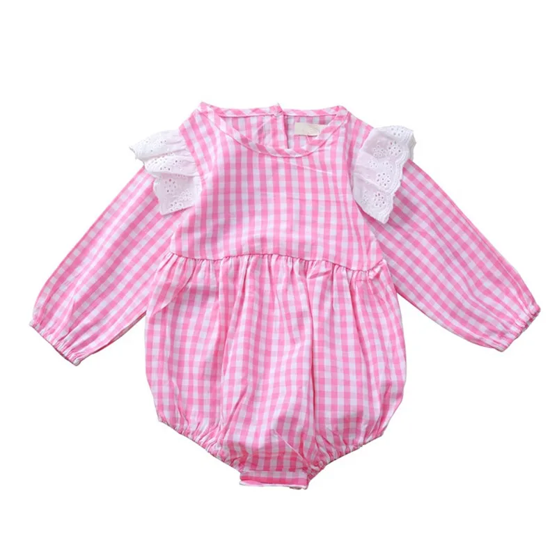 

Baby Girl Clothes 2019 Autumn Spring Girls Small Flying Sleeves Romper Infant Pink Plaid Triangle Long-Sleeve Rompers For 0-2Y