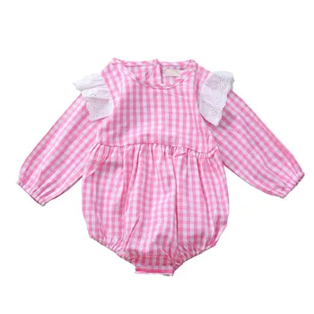 

Baby Girl Clothes 2019 Autumn Spring Girls Small Flying Sleeves Romper Infant Pink Plaid Triangle Long-Sleeve Rompers For 0-2Y