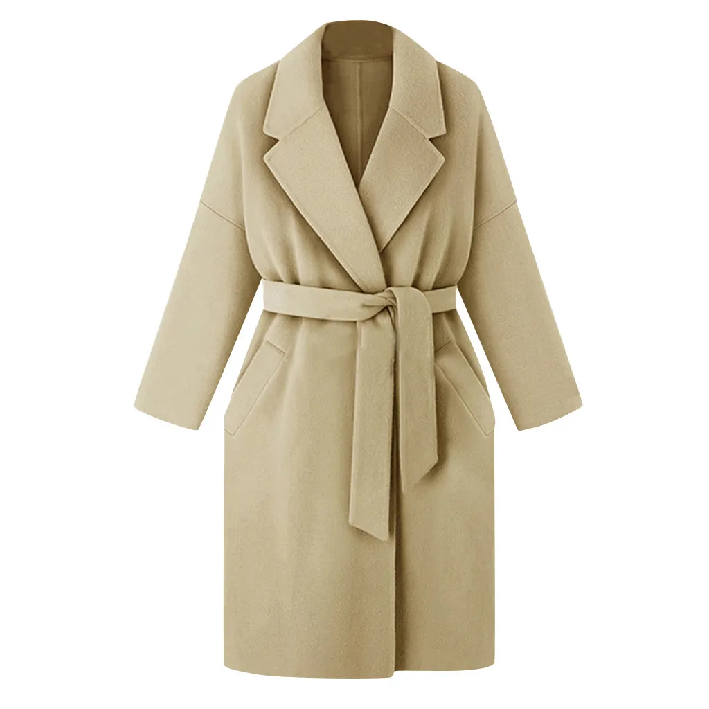 Большие размеры, свободное теплое шерстяное длинное зимнее пальто с отложным воротником и регулируемым поясом, шерстяное пальто для женщин, Офисная Рабочая одежда, элегантная# J30 - Цвет: Beige