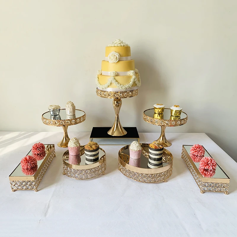 Rectangular Mirror-Top Cake Stand Risers Dessert Tray Set(Gold) 3 tiers cupcake stand - Цвет: 7pcs in set