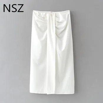 

NSZ women white pencil skirt high waist ruched bow front open split elegant office ladies midi skirt faldas mujer