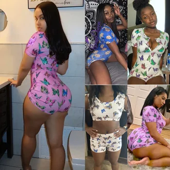 

2020 Sexy Women Deep V-neck Bodycon Sleepwear Jumpsuit Button Bodysuit Shorts Romper Bodysuit Leotard Long Sleeve Print Bodysuit