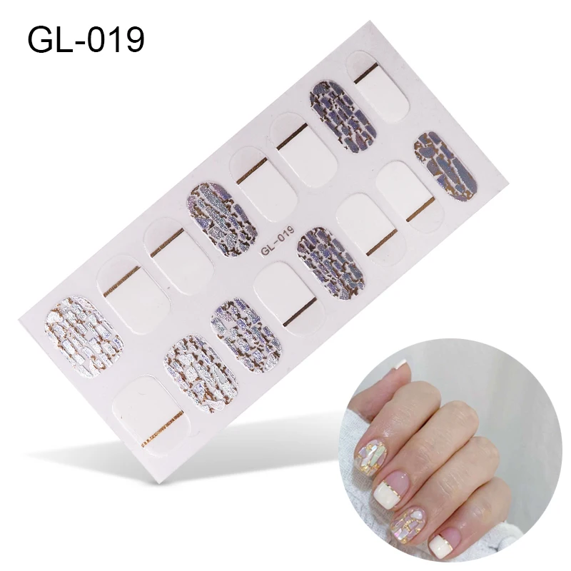 Lamemoria, 16 типсов, для дизайна ногтей, полное покрытие, самоклеющиеся наклейки, Переводные обертывания, водонепроницаемые сверкающие наклейки для ногтей, наклейки для маникюра - Цвет: GL-019