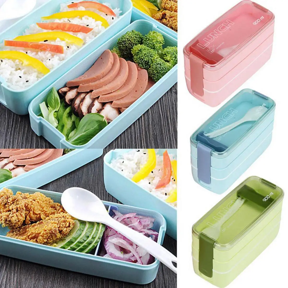 

900ML 3 Layers Portable Microwave Lunch Bento Box Three Candy Color Large Capacity Eco-Friendly Gift Spoon