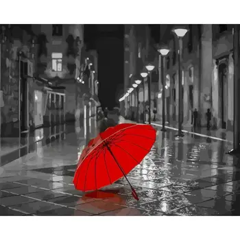 

Framed Red umbrella in rainy night Landscape DIY Painting By Numbers Handpainted Oil Paint Home Wall Art Picture For Decor gift