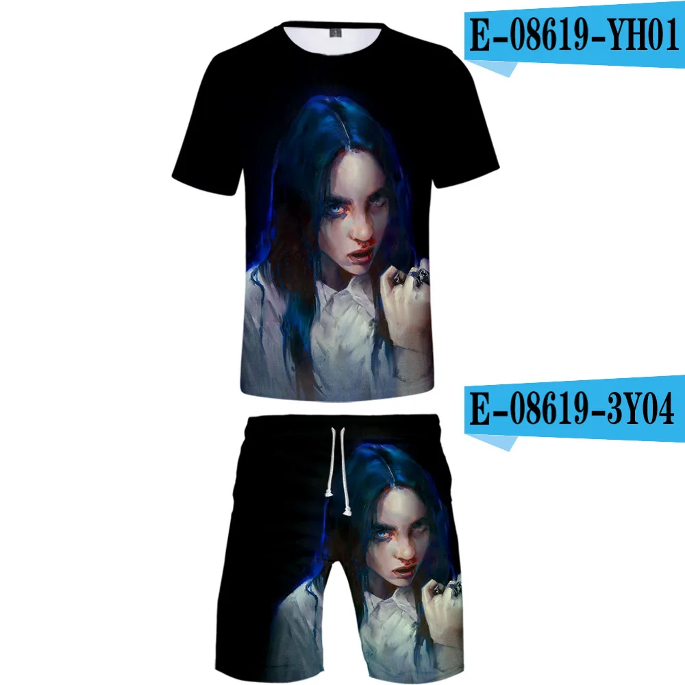 Billie Eilish/комплект из двух предметов с 3D принтом, летний популярный комплект из 2 предметов в стиле хип-хоп, модный спортивный костюм, футболка с высокой посадкой+ короткие штаны, комплекты - Цвет: 3d