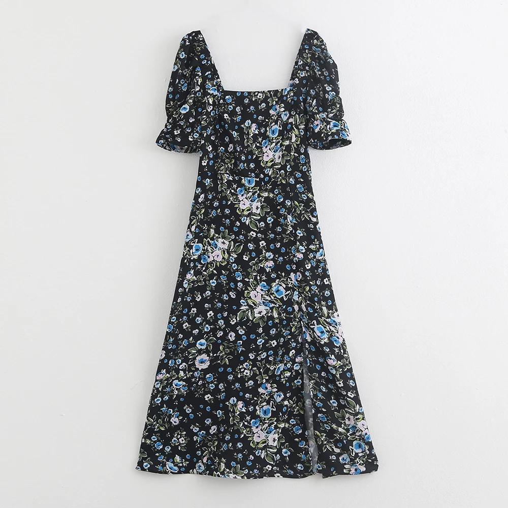 

New French Square Collar, Short Sleeve, Forked Flower Printed Mid-long Dresses for Summer 2019