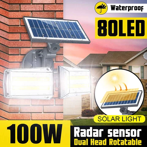Sensor de Radar Lâmpada de Parede Holofotes ao ar Conduziu a Lâmpada à Prova Dupla Cabeça Solar Parede Cob Livre Jardim Quintal 100 w Dwaterproof Água 80led Luz