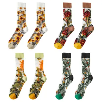 

Women Summer Transparent Mesh Crew Socks Tropical Sunflower Leaves Jacquard Glass Fiber Harajuku Thin Stockings Hosiery