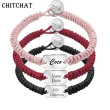 Custom Name DIY Bracelet Women Personalized Bracelet Engraved Letter Rectangle Pendant Stainless Steel Red Black Rope