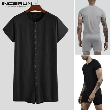 

INCERUN Fashion Men Pajamas Romper Homewear Solid Slim Sleepwear Jumpsuit Short Sleeve Button Mens Romper Pyjamas Playsuit S-5XL