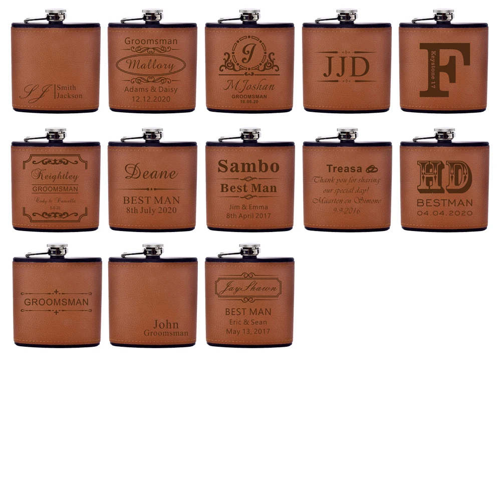 Personalized Flask 6oz Leather Hip Flask Stainless Steel Engrave guests Favors White box Wedding Gifts