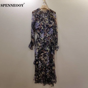 

SPENNEOOY Designer Custom Runway V-Neck Floral Print Women Spring Long Dress Elegant Ruffles Bow Tie Ladies Vintage Silk Dresses