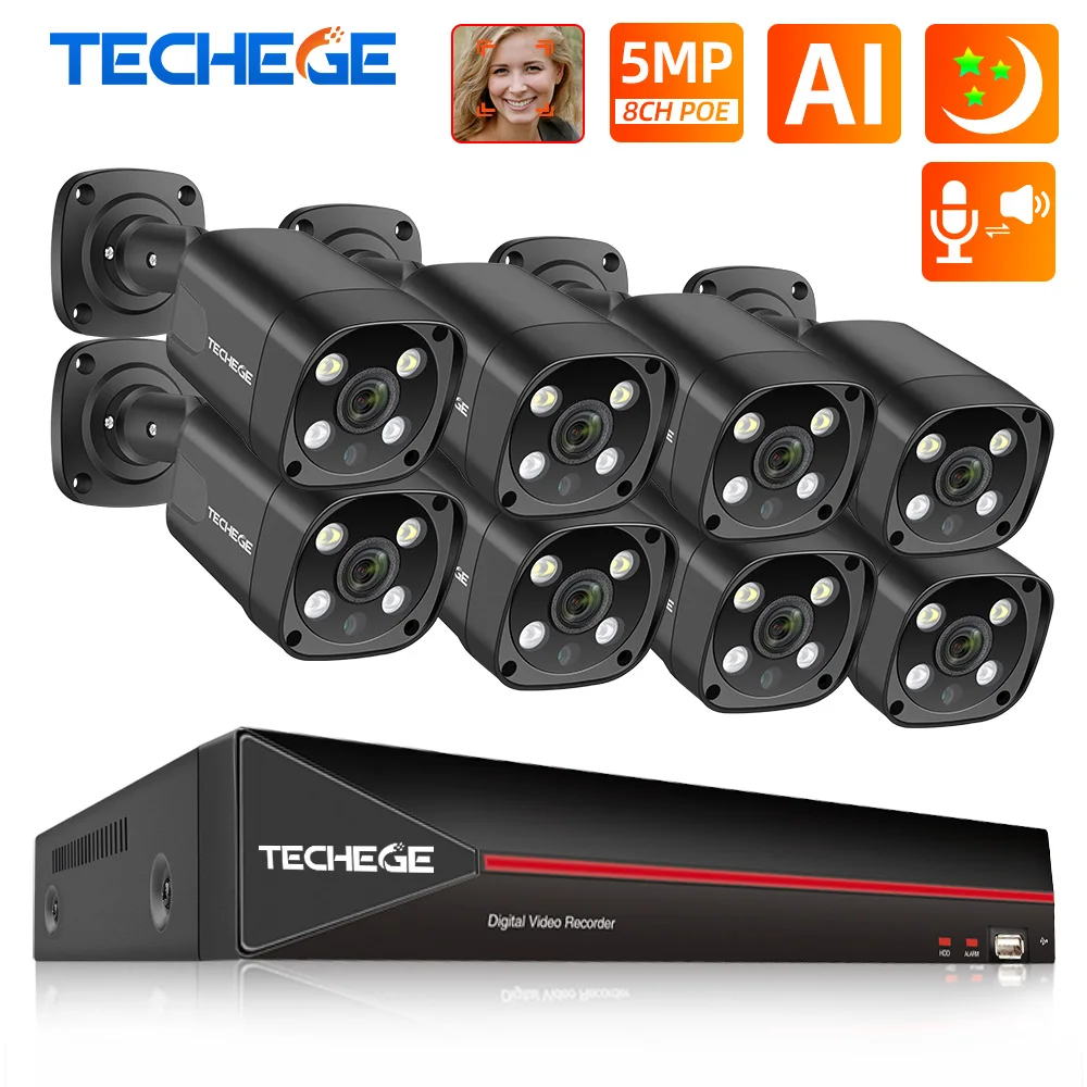 US $131.60 Techege 8CH 5MP POE AI CCTV Security Camera System Kit Face Detection Two Way Audio Outdoor Video Surveillance Camera Kits P2P