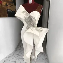 Реальное изображение, прямые платья для выпускного вечера длиной до середины икры, белое вечернее платье с оборками и кристаллами на одно плечо, специальный дизайн, Abendkleider