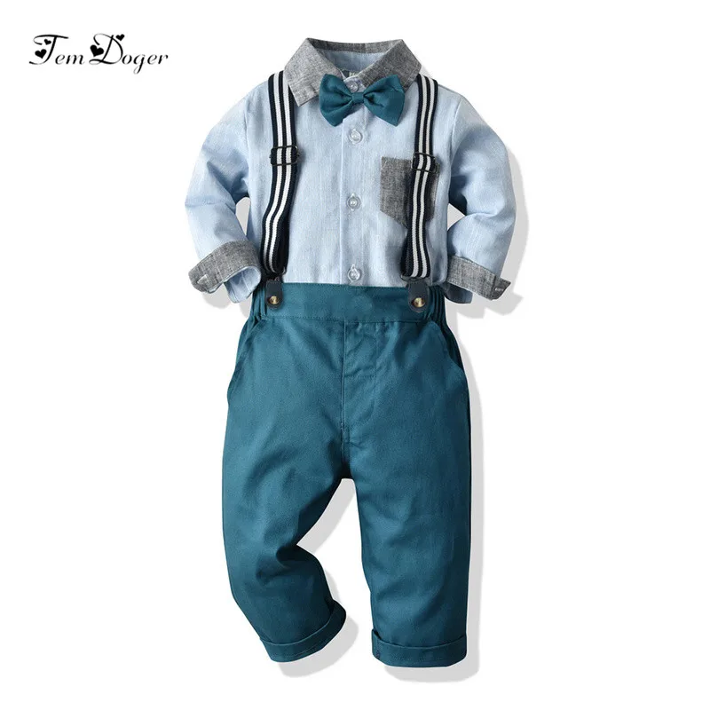 Модные весенние комплекты одежды для детей костюм для маленьких мальчиков рубашка в клетку с длинными рукавами+ подтяжки, комплект из 2 предметов