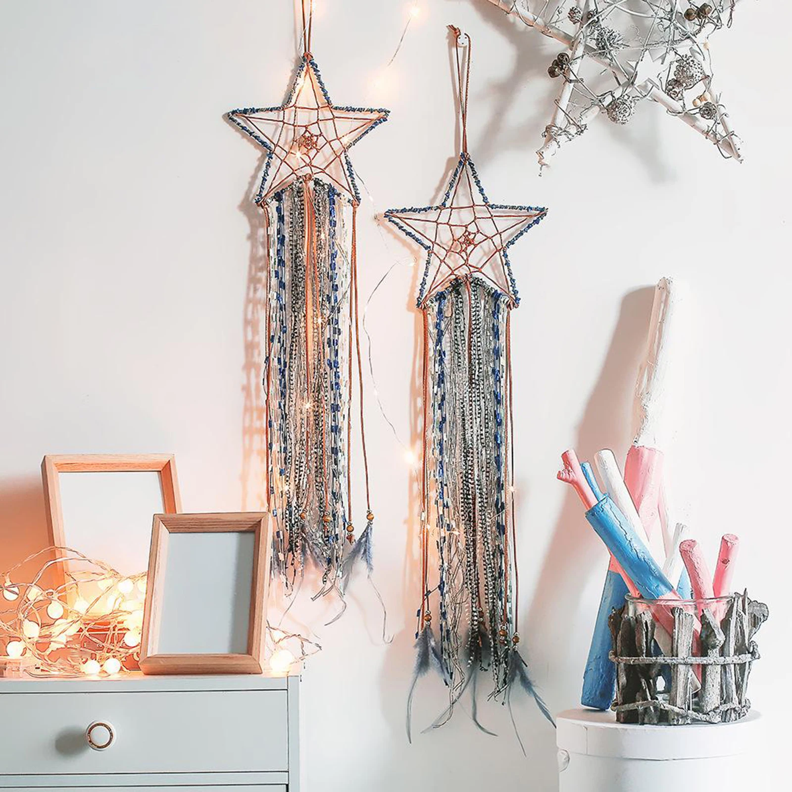Star Dream Catcher Total Length 80cm/31'' Iron Cotton Bohemian Tapestry Home Wall Boho Decor Macrame Hanging