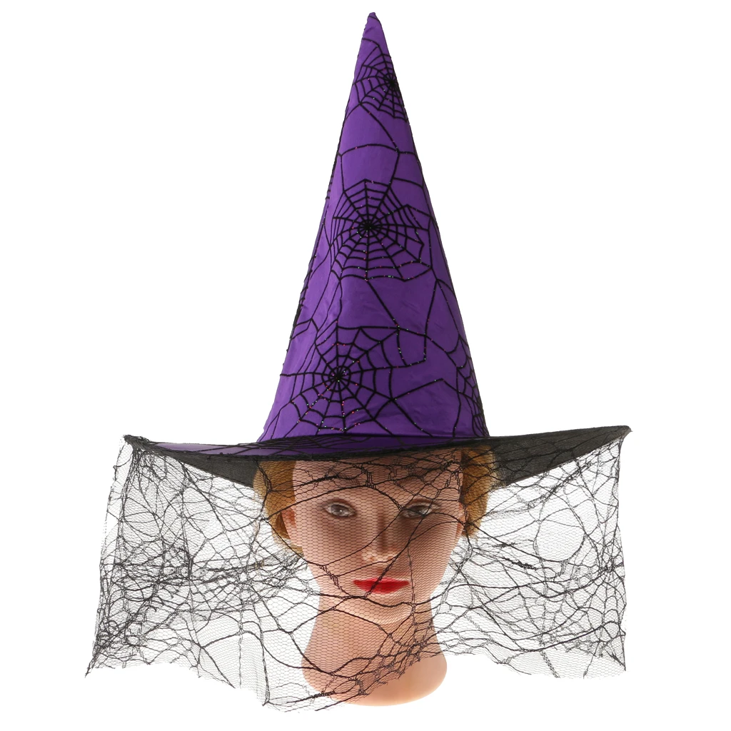 Women Girls Halloween Peaked Cap Veil Spiderweb Purple Satin Witch Hat Party Costume Accessory Women Girls Halloween Peaked Cap Veil Spiderweb Purple Satin Witch Hat Party Costume Accessory