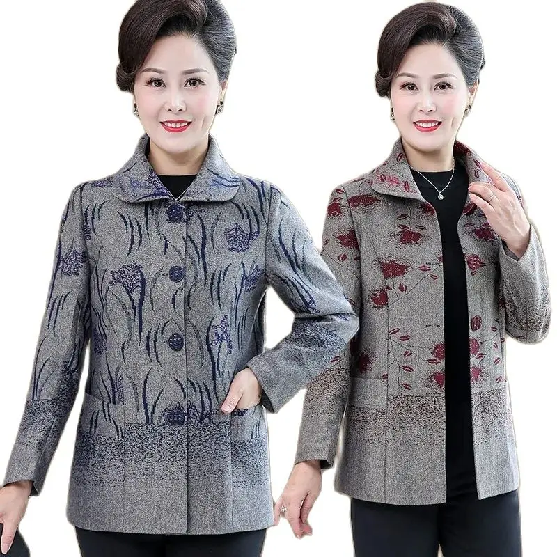 

Шерстяное пальто для женщин среднего возраста, для пожилых матерей, весна-осень, свободная шерстяная Дамская куртка с длинным рукавом и принтом с лацканами, Топ
